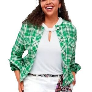 Cabi Sophia Green Plaid Tweed Button Up Library Jacket Size Small